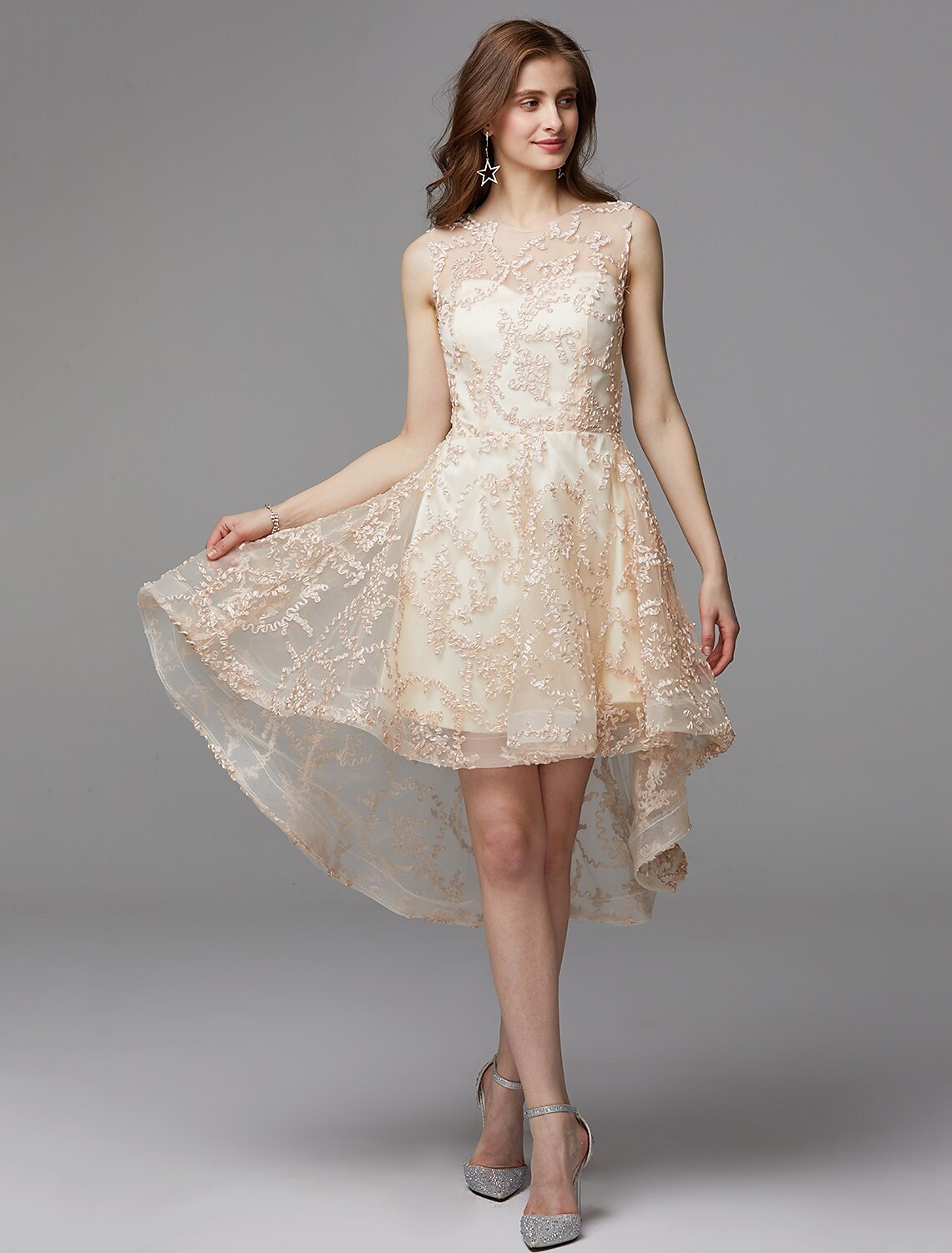 Wholesale A-Line Hot Dress Wedding Guest Asymmetrical Sleeveless Illusion Neck Tulle with Appliques
